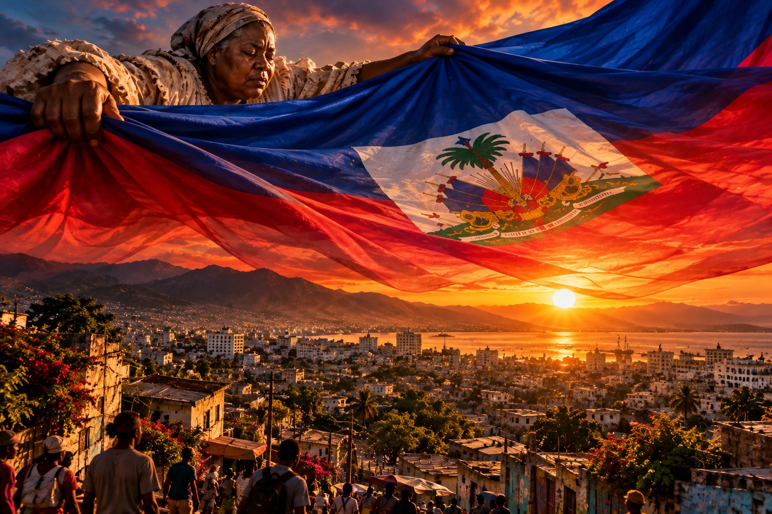 A maternal gesture turns the Haitian flag into a promise of protection.