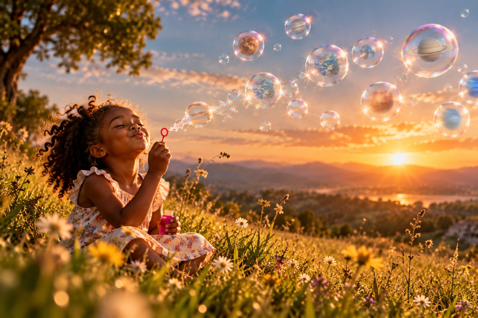 Soap bubbles carry whole worlds into the evening sky.