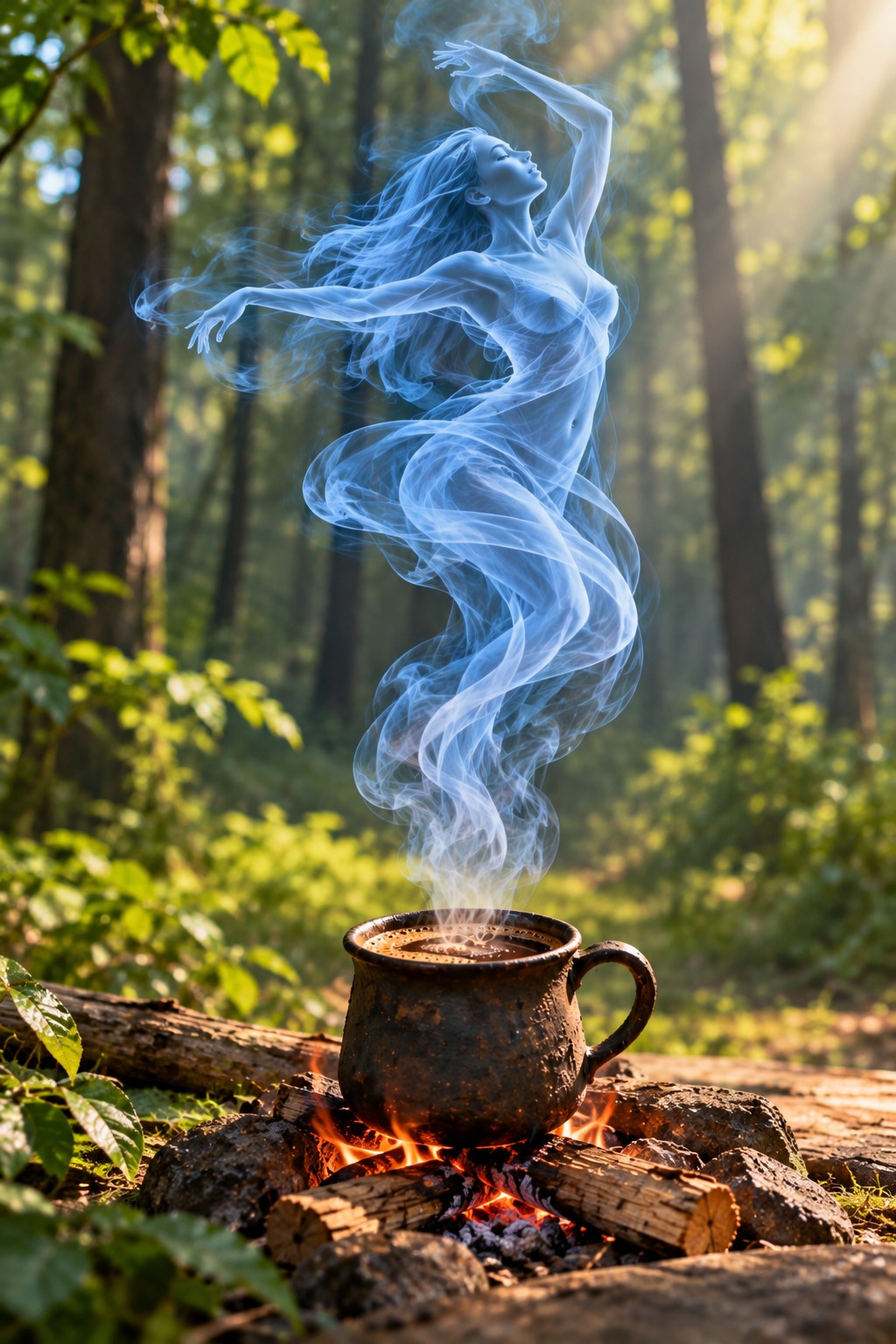 Above a forest coffee, blue smoke becomes a dancer.
