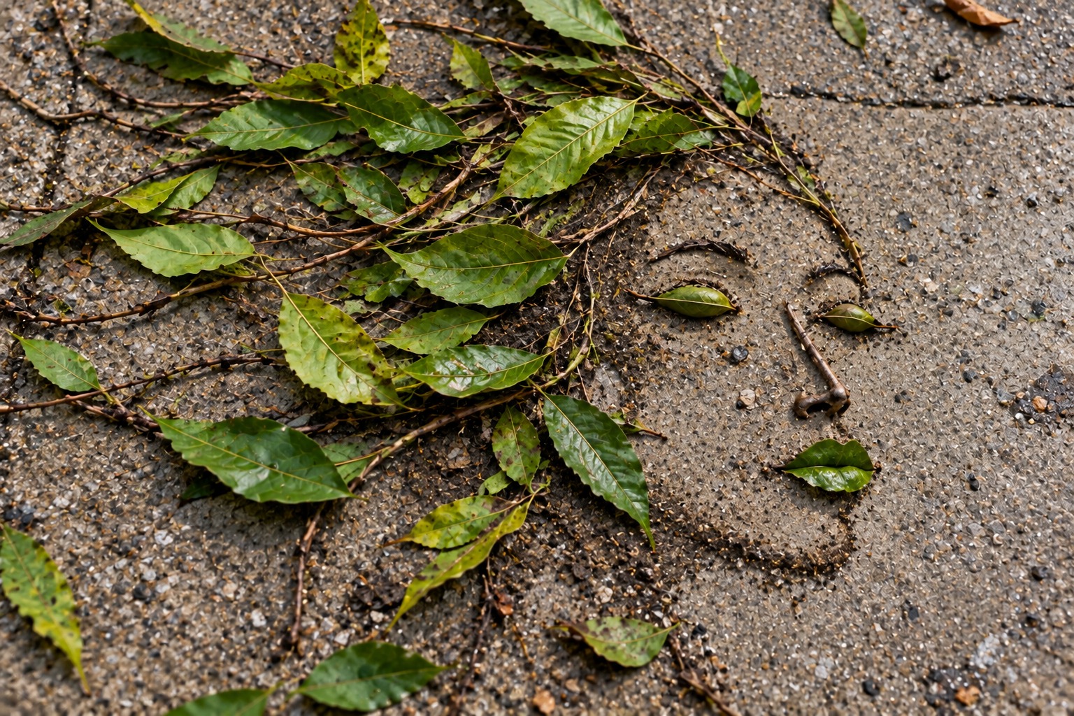 Damp earth outlines a face; green leaves lend it life.