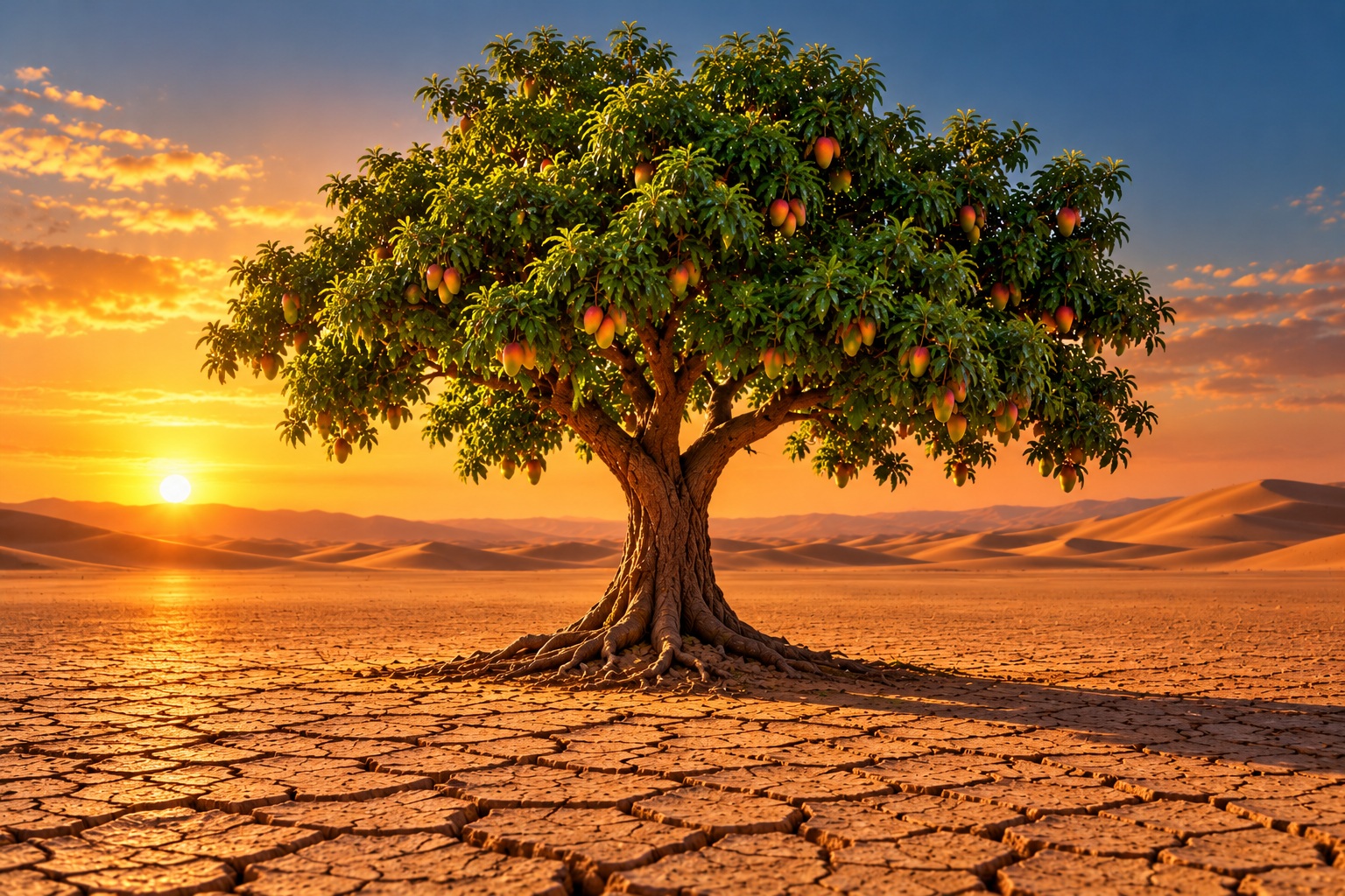 A tree heavy with fruit stands alone amid the desert’s silence.