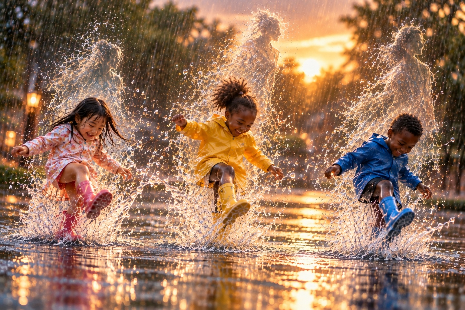 Three children splashing in sunset rain with dancing silhouettes formed from water