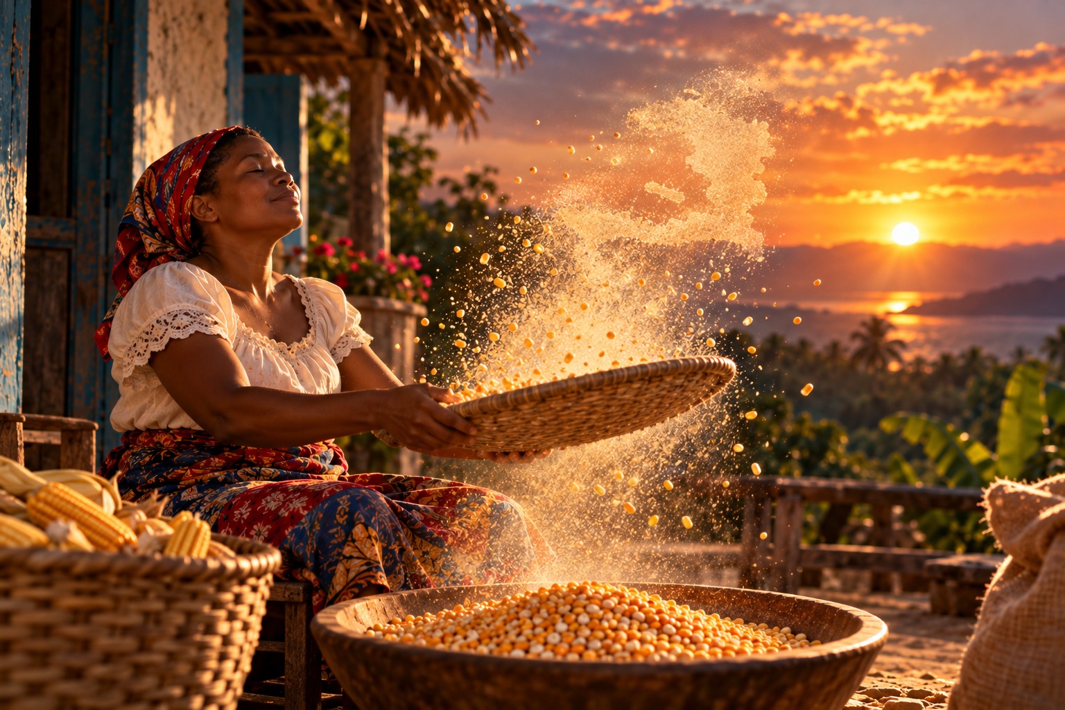A familiar gesture carries a country within a cloud of golden grain.