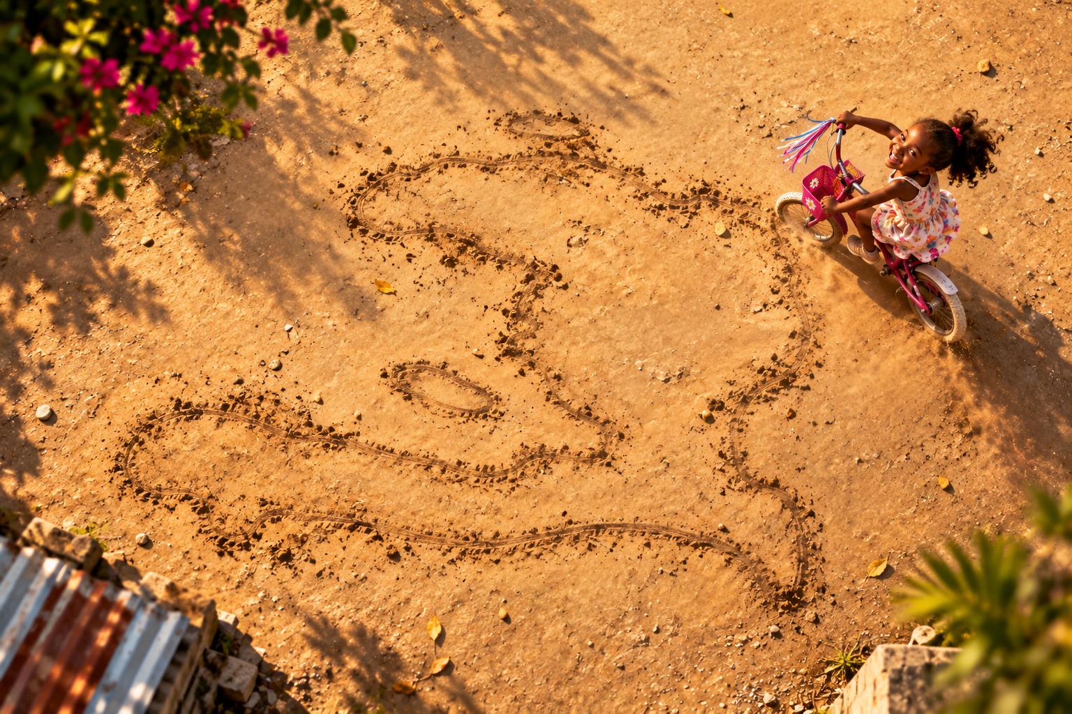 A little girl on a bicycle beside tire tracks suggesting Haiti in sunlit dirt