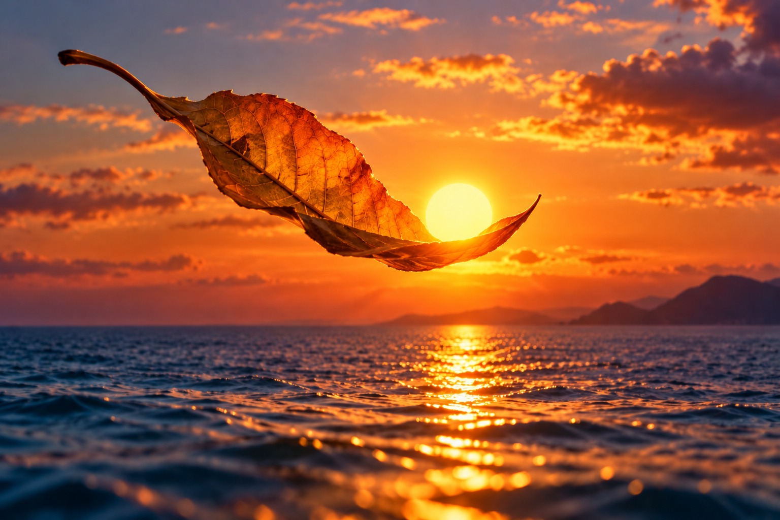 A drifting leaf seems to cradle the setting sun above the sea.