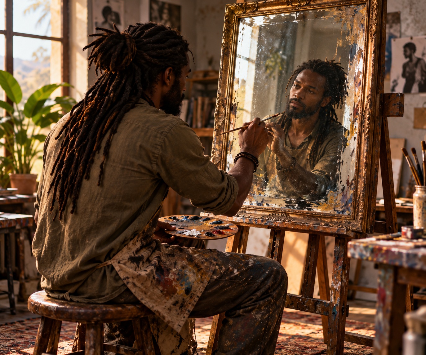 An artist with dreadlocks painting his own reflection in a framed studio mirror