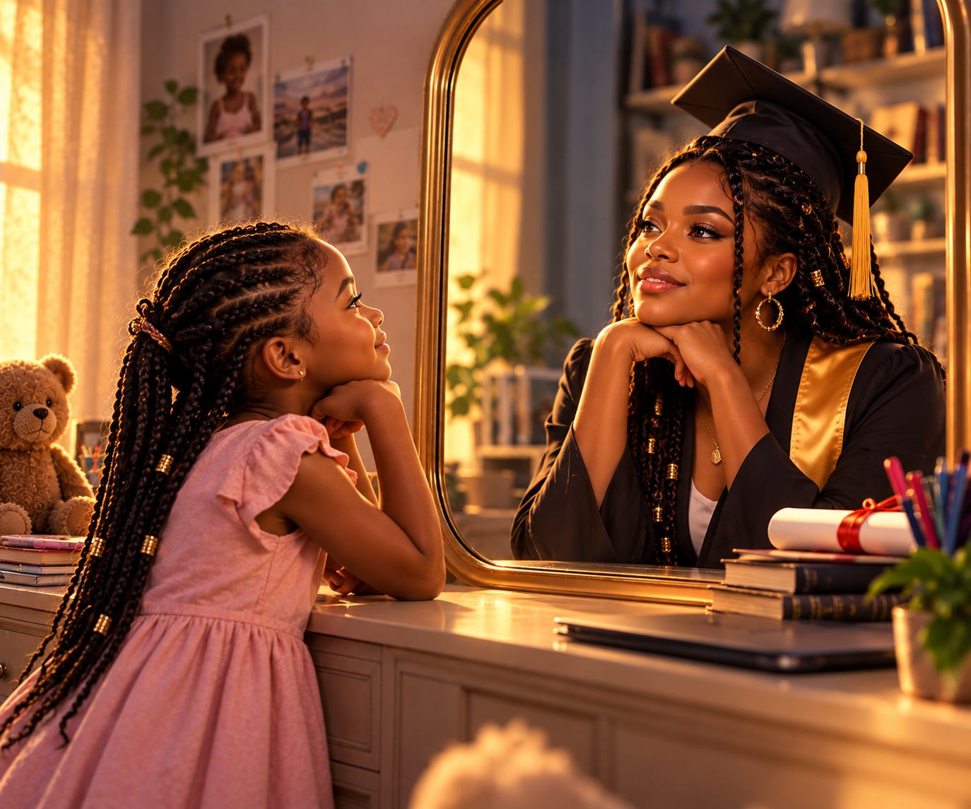 In the mirror, a little girl meets the future she dares to imagine.