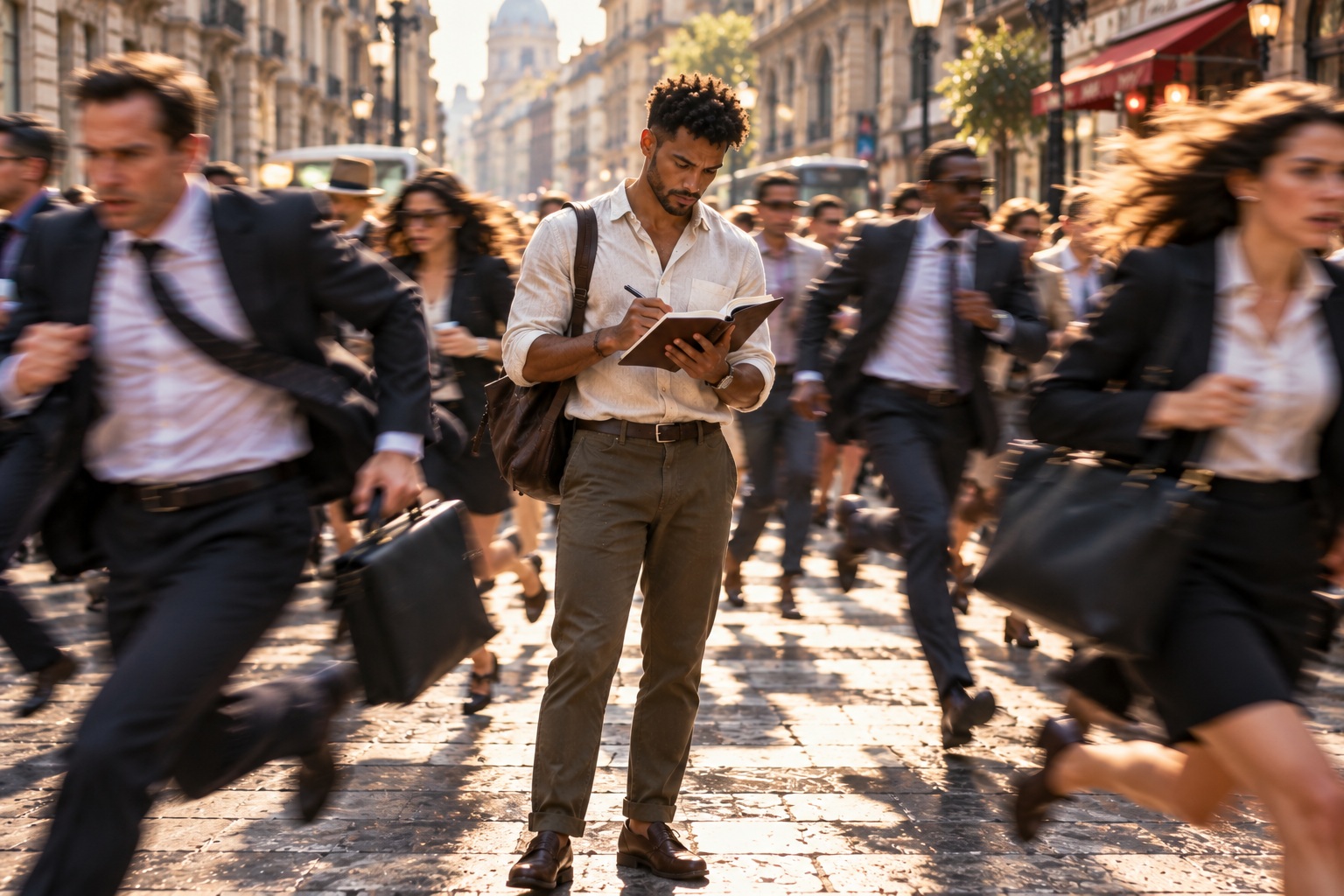 A young man focused on his notebook as people rush past him on a city street
