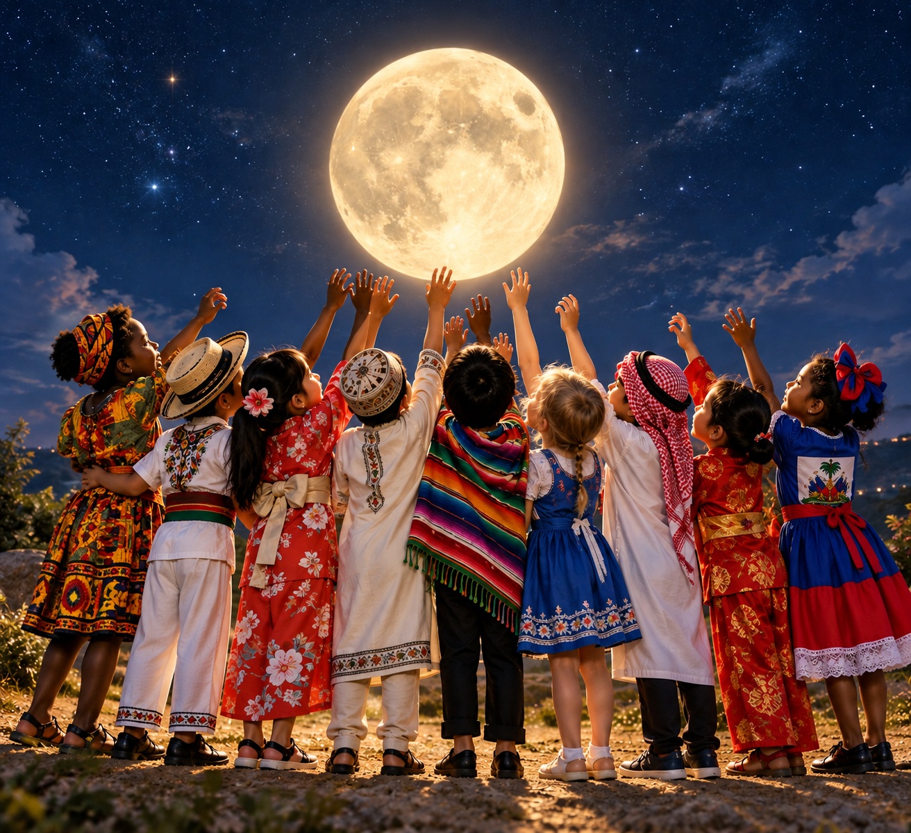 Children in culturally inspired clothing, including a Haitian flag dress, reaching toward the moon together