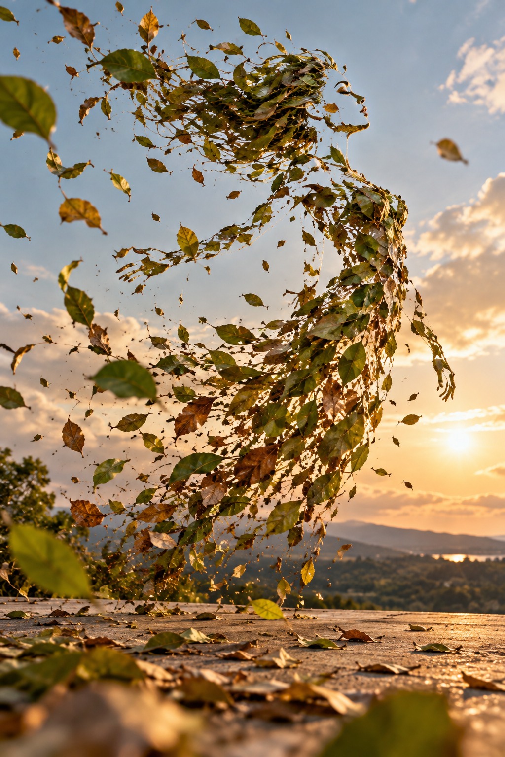 At sunset, drifting leaves become a graceful silhouette.